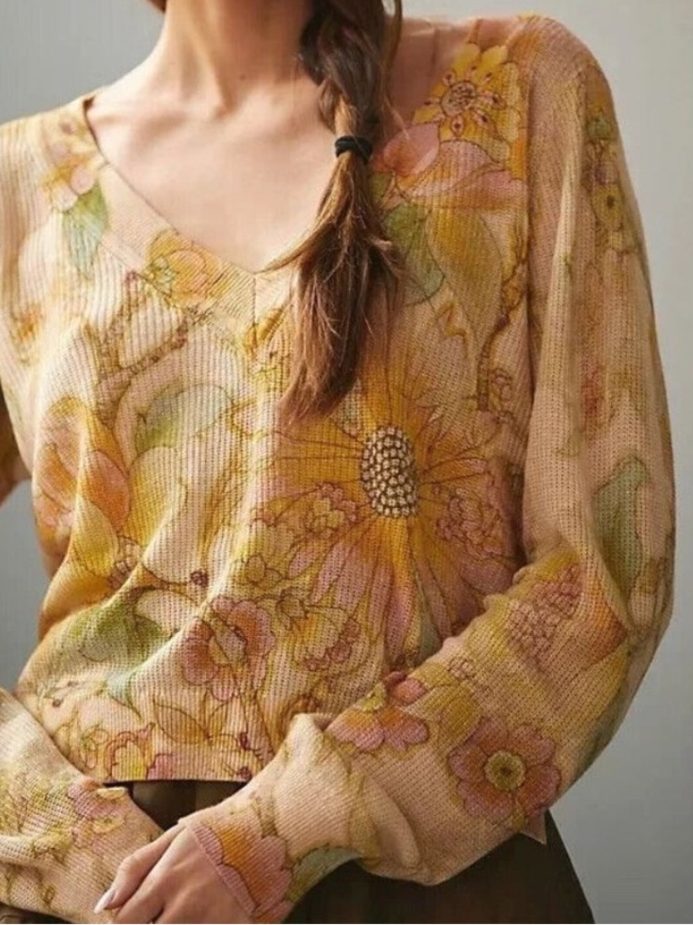 Anthropologie The Dreamer Printed V-Neck Sweater Cottagecore Muted Colors SZ S